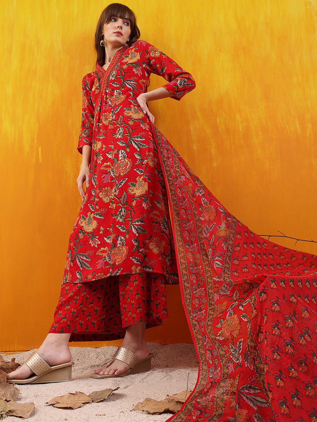 Floral Printed A-Line Flared Kurta With Palazzo & Dupatta, Red - Hiral Fashion - Distacart