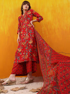 Floral Printed A-Line Flared Kurta With Palazzo & Dupatta, Red - Hiral Fashion - Distacart