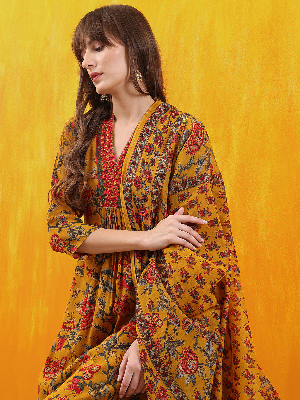 Floral Printed A-Line Flared Kurta With Palazzo & Dupatta, Mustard - Hiral Fashion - Distacart
