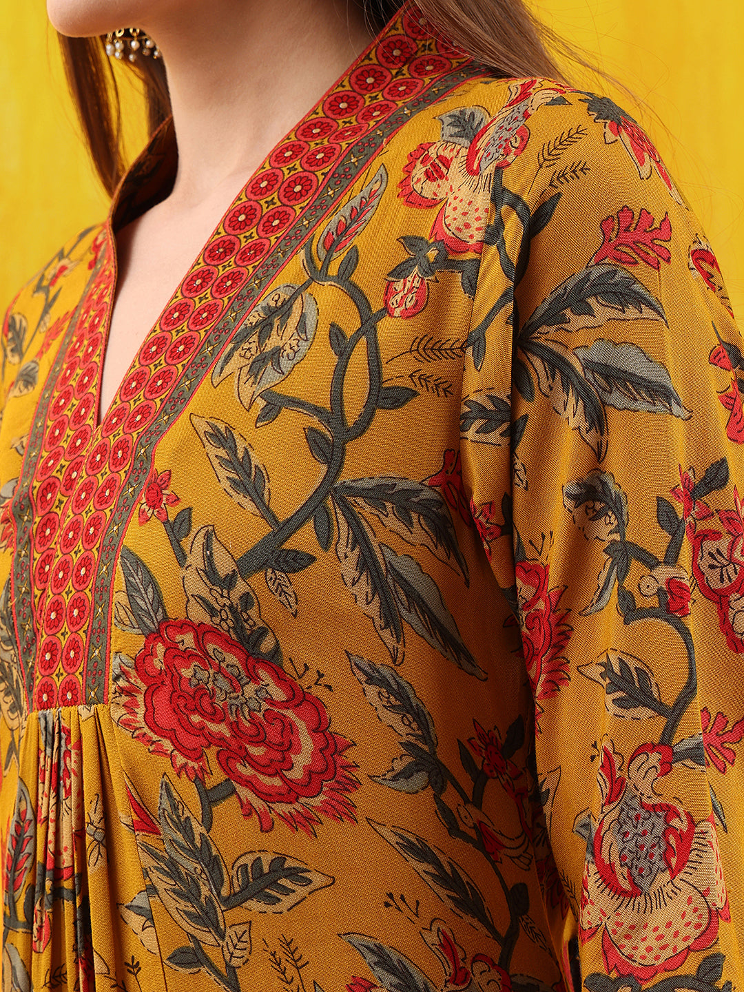 Floral Printed A-Line Flared Kurta With Palazzo & Dupatta, Mustard - Hiral Fashion - Distacart