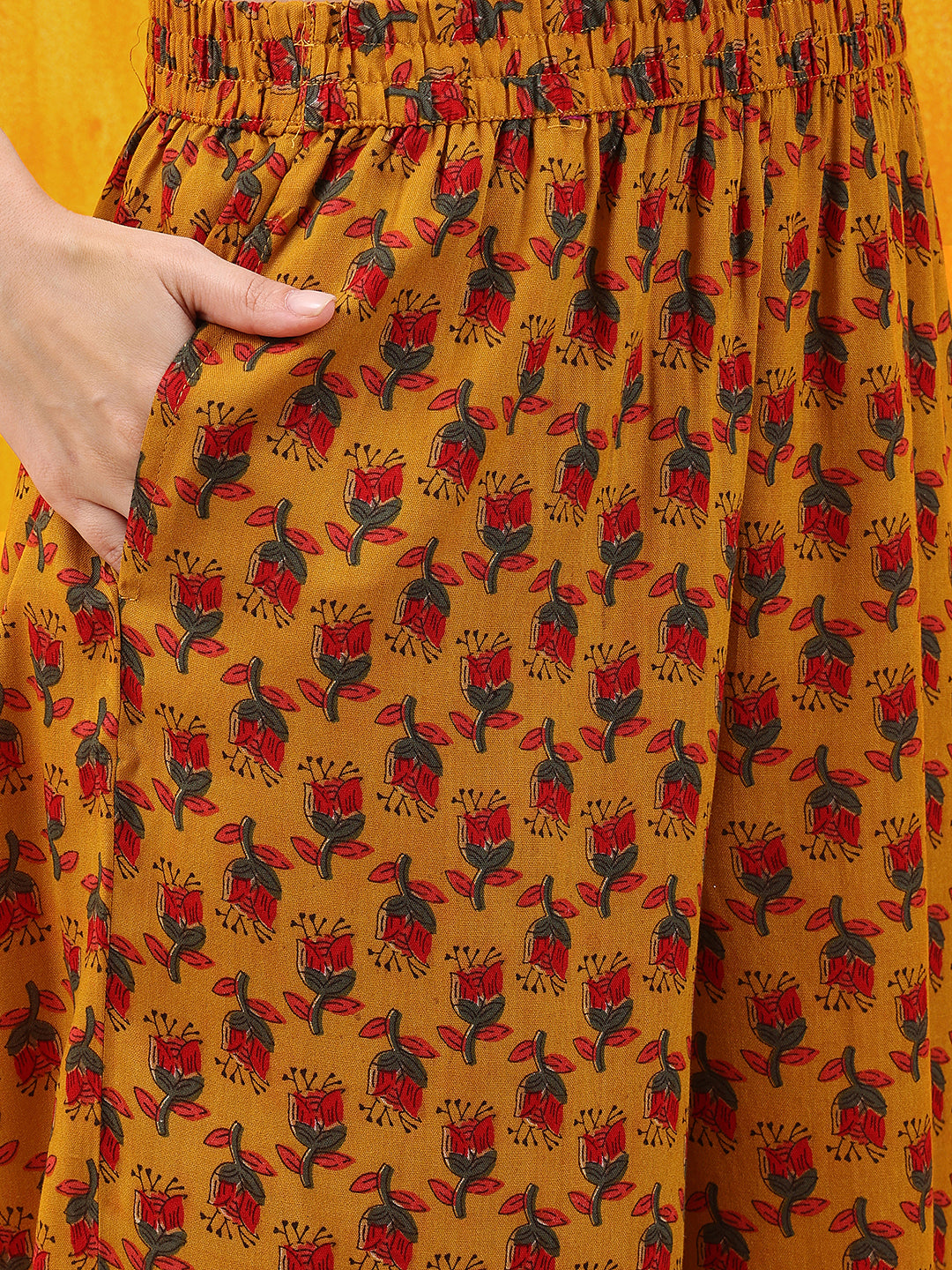 Floral Printed A-Line Flared Kurta With Palazzo & Dupatta, Mustard - Hiral Fashion - Distacart