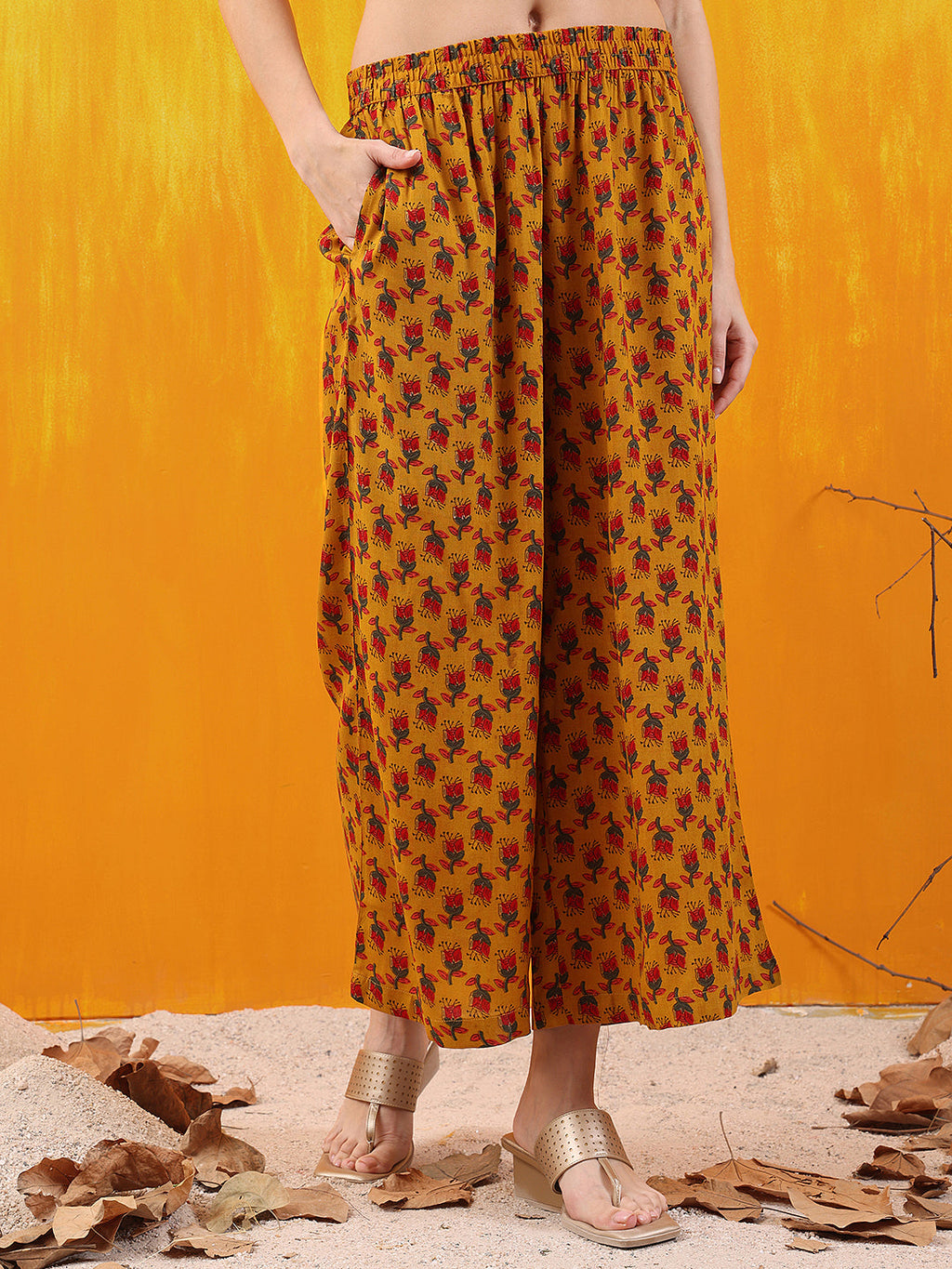 Floral Printed A-Line Flared Kurta With Palazzo & Dupatta, Mustard - Hiral Fashion - Distacart