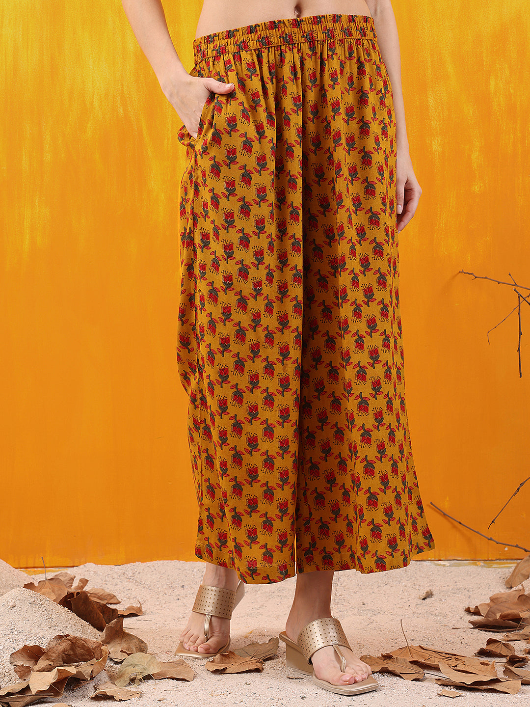Floral Printed A-Line Flared Kurta With Palazzo & Dupatta, Mustard - Hiral Fashion - Distacart