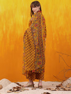Floral Printed A-Line Flared Kurta With Palazzo & Dupatta, Mustard - Hiral Fashion - Distacart