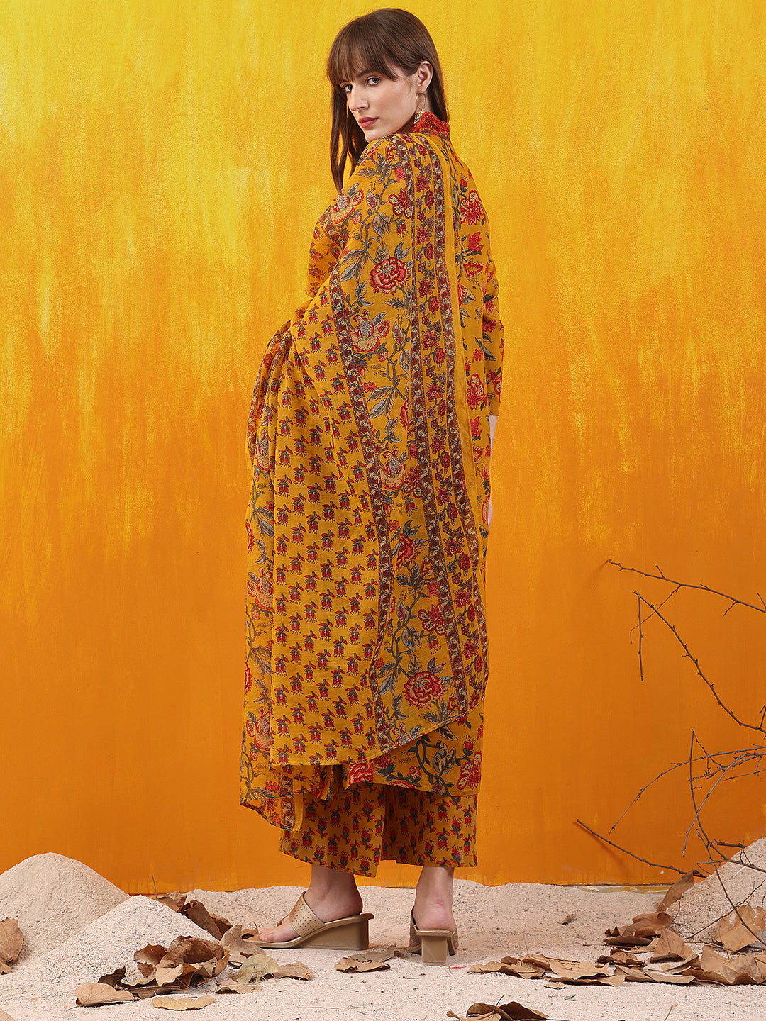 Floral Printed A-Line Flared Kurta With Palazzo & Dupatta, Mustard - Hiral Fashion - Distacart