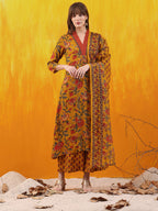 Floral Printed A-Line Flared Kurta With Palazzo & Dupatta, Mustard - Hiral Fashion - Distacart
