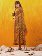 Floral Printed A-Line Flared Kurta With Palazzo & Dupatta, Mustard - Hiral Fashion - Distacart