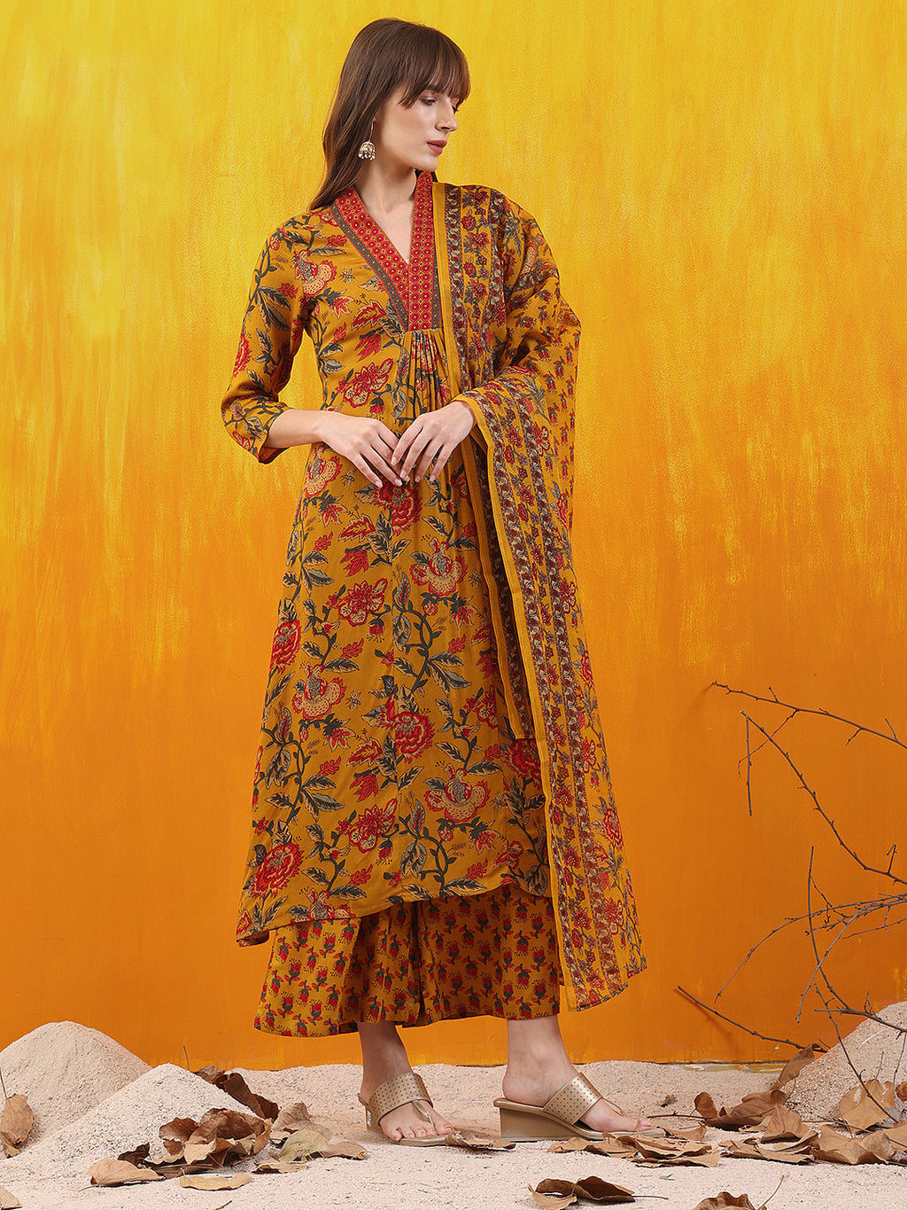 Floral Printed A-Line Flared Kurta With Palazzo & Dupatta, Mustard - Hiral Fashion - Distacart
