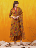 Floral Printed A-Line Flared Kurta With Palazzo & Dupatta, Mustard - Hiral Fashion - Distacart
