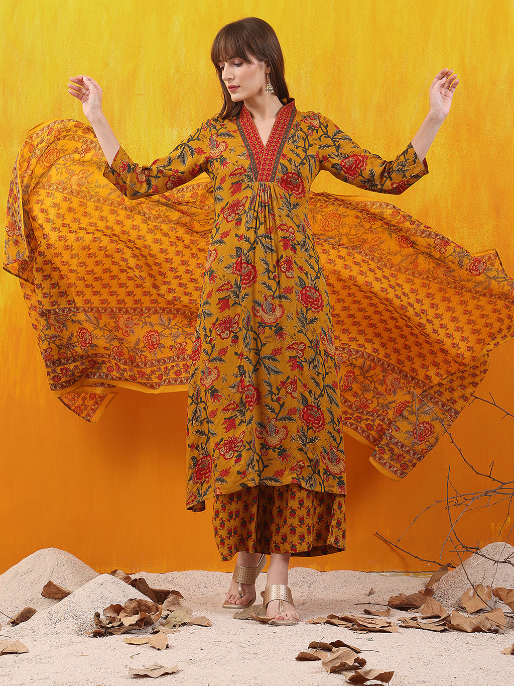 Floral Printed A-Line Flared Kurta With Palazzo & Dupatta, Mustard - Hiral Fashion - Distacart