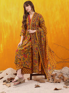 Floral Printed A-Line Flared Kurta With Palazzo & Dupatta, Mustard - Hiral Fashion - Distacart
