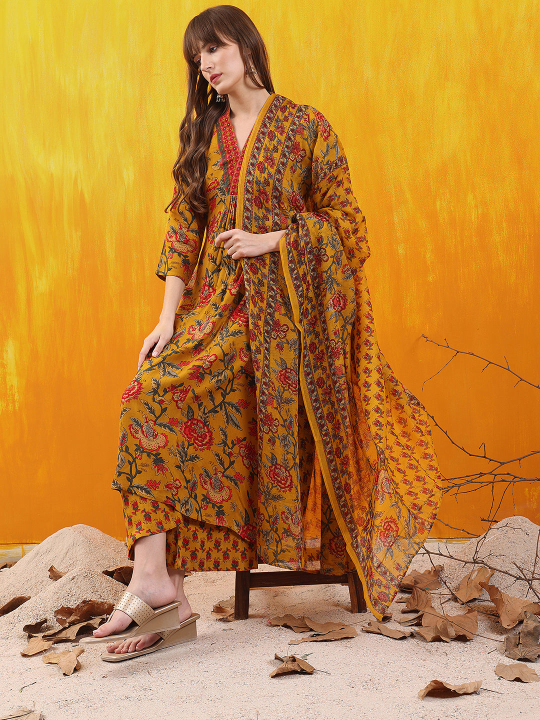 Floral Printed A-Line Flared Kurta With Palazzo & Dupatta, Mustard - Hiral Fashion - Distacart
