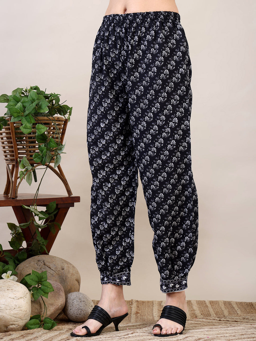 Printed Flared Kurta With Afghani Pant & Dupatta, Black - Hiral Fashion - Distacart