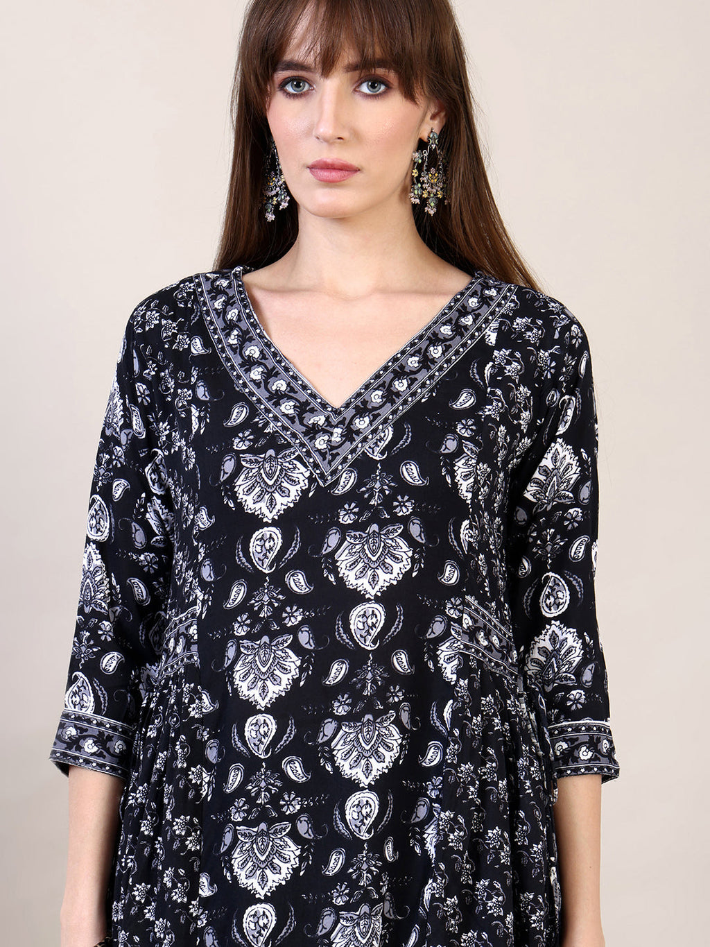 Printed Flared Kurta With Afghani Pant & Dupatta, Black - Hiral Fashion - Distacart