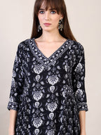 Printed Flared Kurta With Afghani Pant & Dupatta, Black - Hiral Fashion - Distacart
