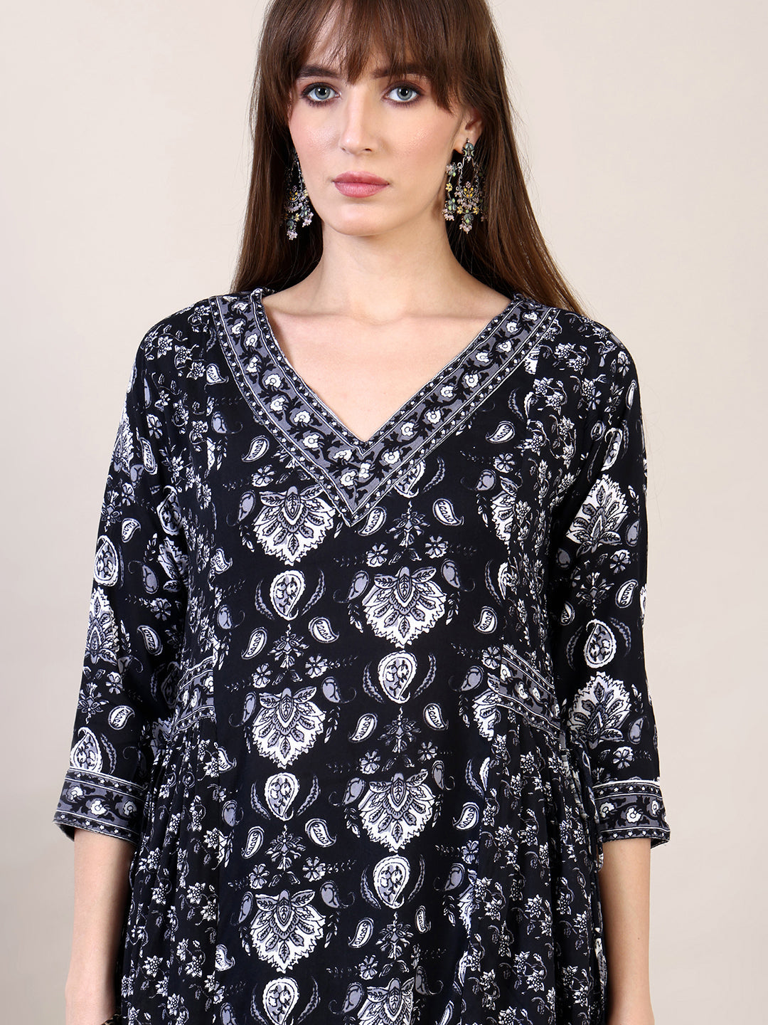 Printed Flared Kurta With Afghani Pant & Dupatta, Black - Hiral Fashion - Distacart