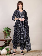 Printed Flared Kurta With Afghani Pant & Dupatta, Black - Hiral Fashion - Distacart
