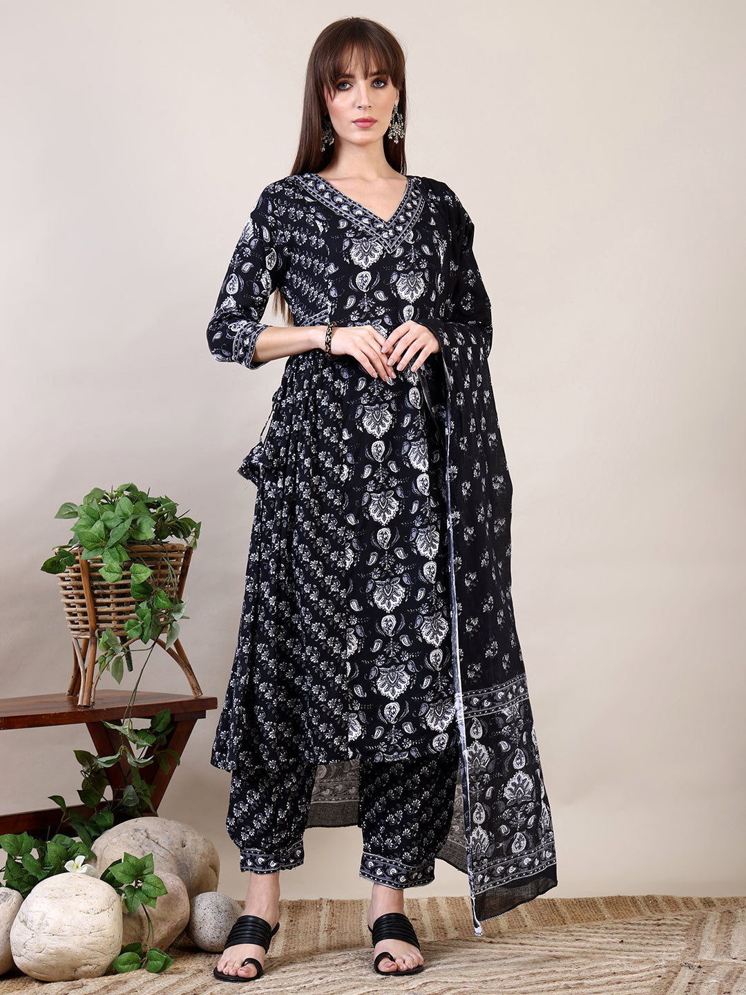 Printed Flared Kurta With Afghani Pant & Dupatta, Black - Hiral Fashion - Distacart