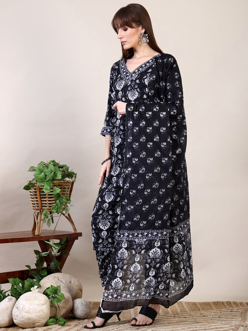 Printed Flared Kurta With Afghani Pant & Dupatta, Black - Hiral Fashion - Distacart