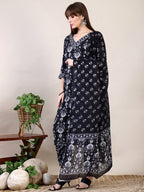 Printed Flared Kurta With Afghani Pant & Dupatta, Black - Hiral Fashion - Distacart
