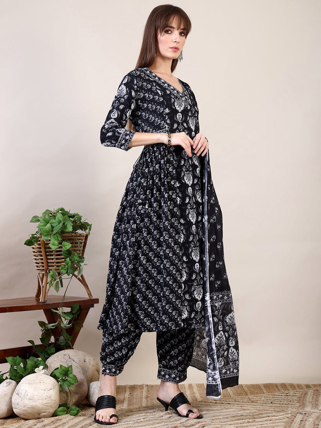 Printed Flared Kurta With Afghani Pant & Dupatta, Black - Hiral Fashion - Distacart