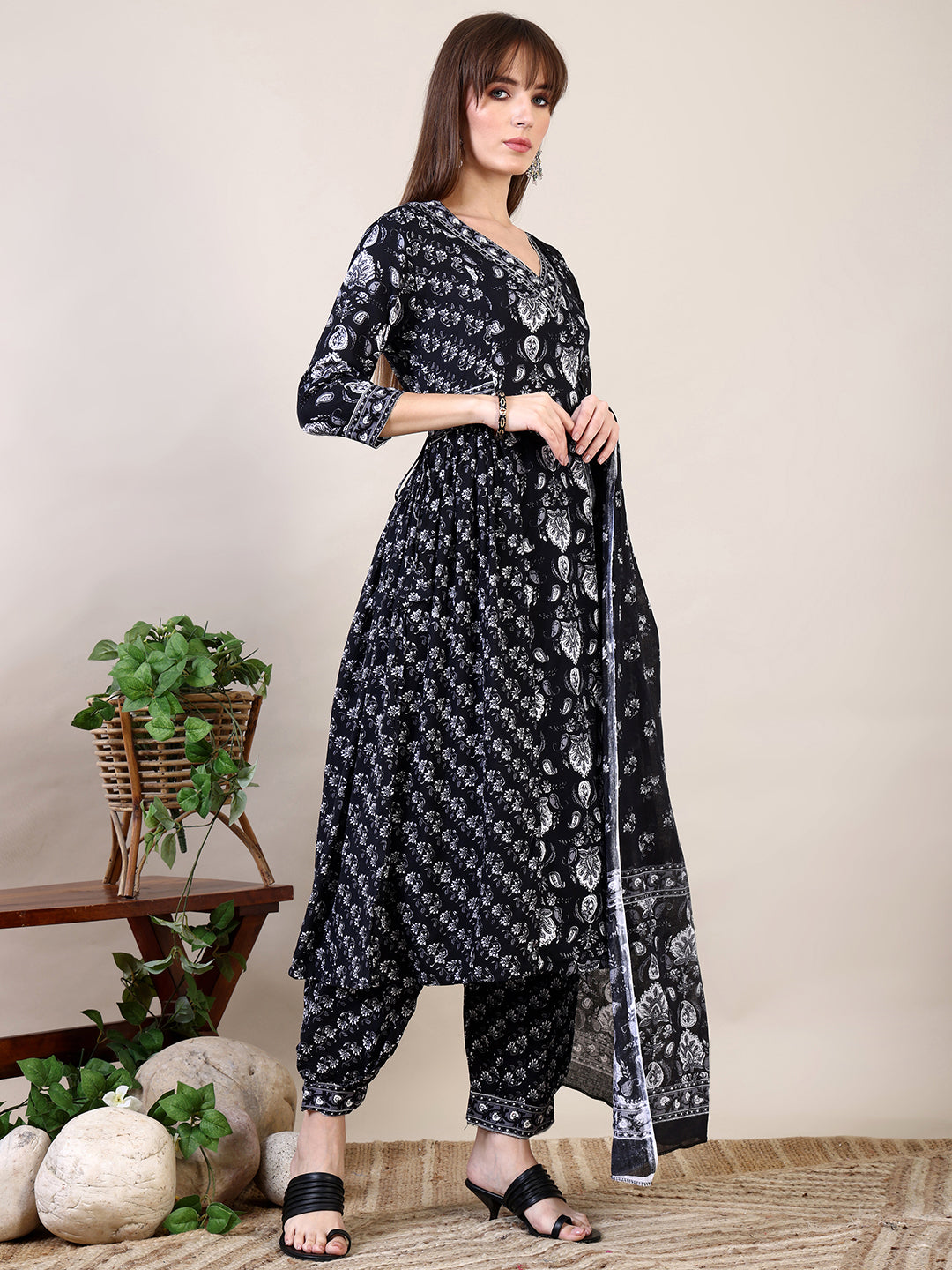 Printed Flared Kurta With Afghani Pant & Dupatta, Black - Hiral Fashion - Distacart