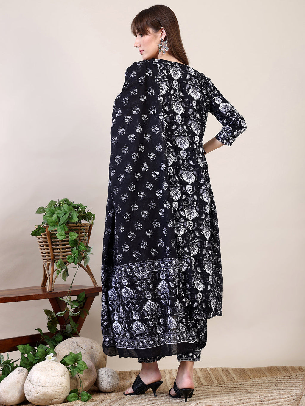 Printed Flared Kurta With Afghani Pant & Dupatta, Black - Hiral Fashion - Distacart