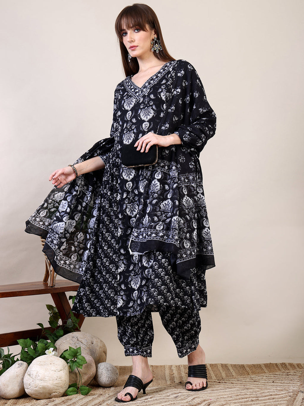 Printed Flared Kurta With Afghani Pant & Dupatta, Black - Hiral Fashion - Distacart