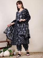 Printed Flared Kurta With Afghani Pant & Dupatta, Black - Hiral Fashion - Distacart