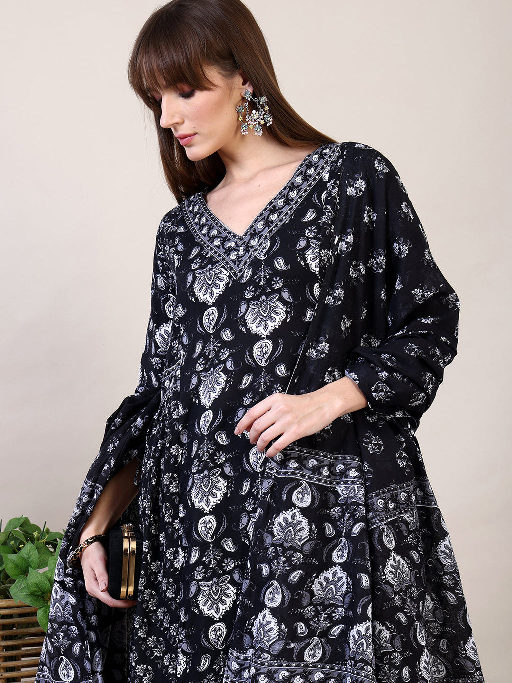 Printed Flared Kurta With Afghani Pant & Dupatta, Black - Hiral Fashion - Distacart