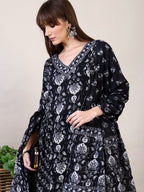 Printed Flared Kurta With Afghani Pant & Dupatta, Black - Hiral Fashion - Distacart