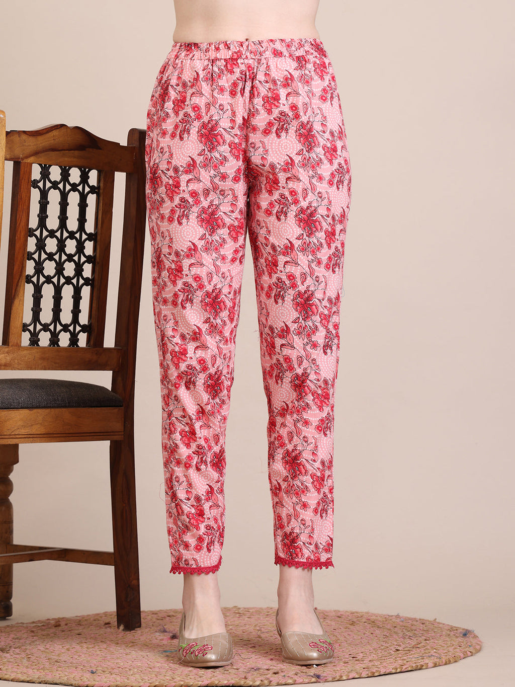 Floral Printed Flared Anarkali Kurta With Pant & Dupatta, Pink - Hiral Fashion - Distacart