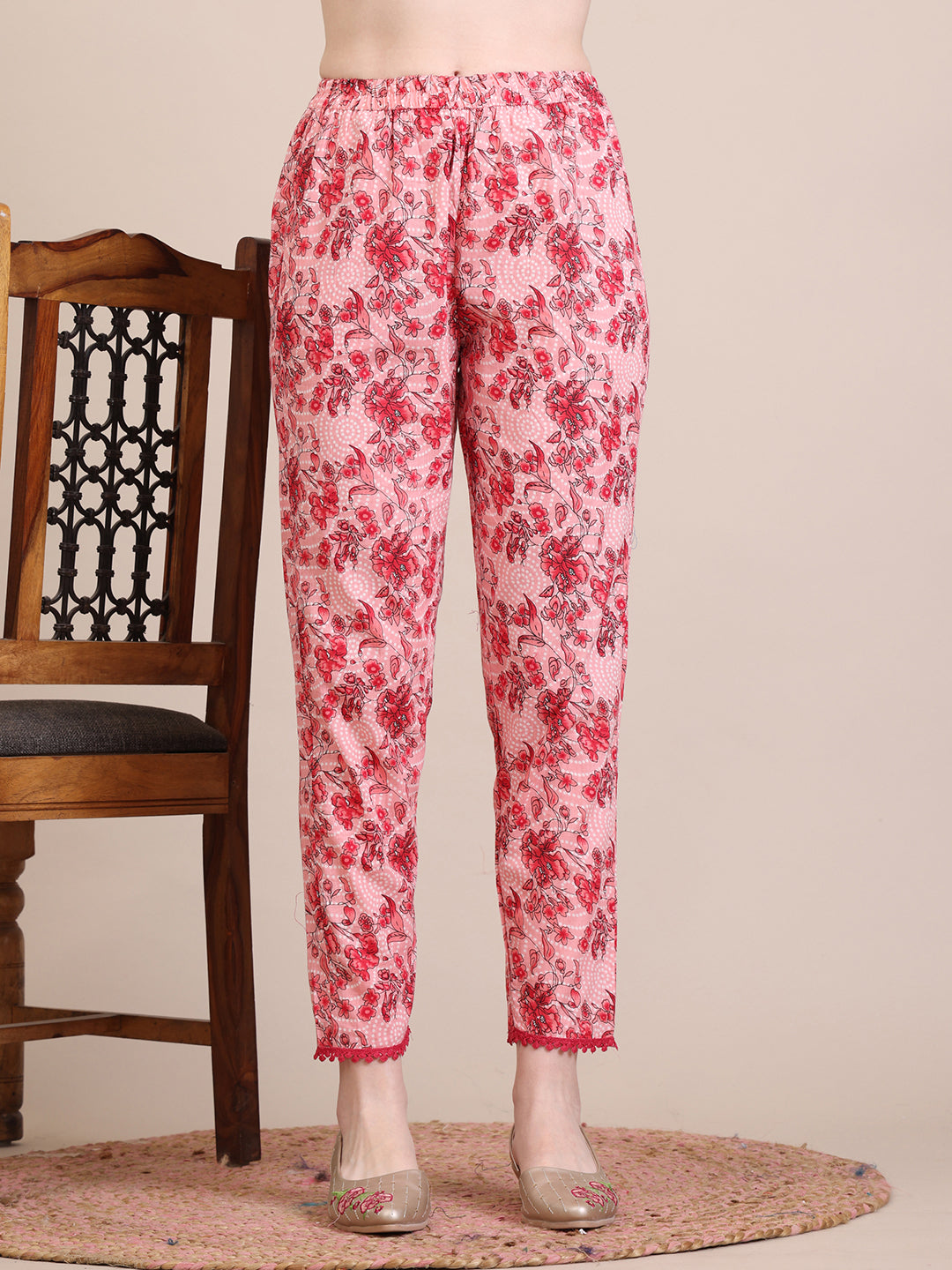 Floral Printed Flared Anarkali Kurta With Pant & Dupatta, Pink - Hiral Fashion - Distacart