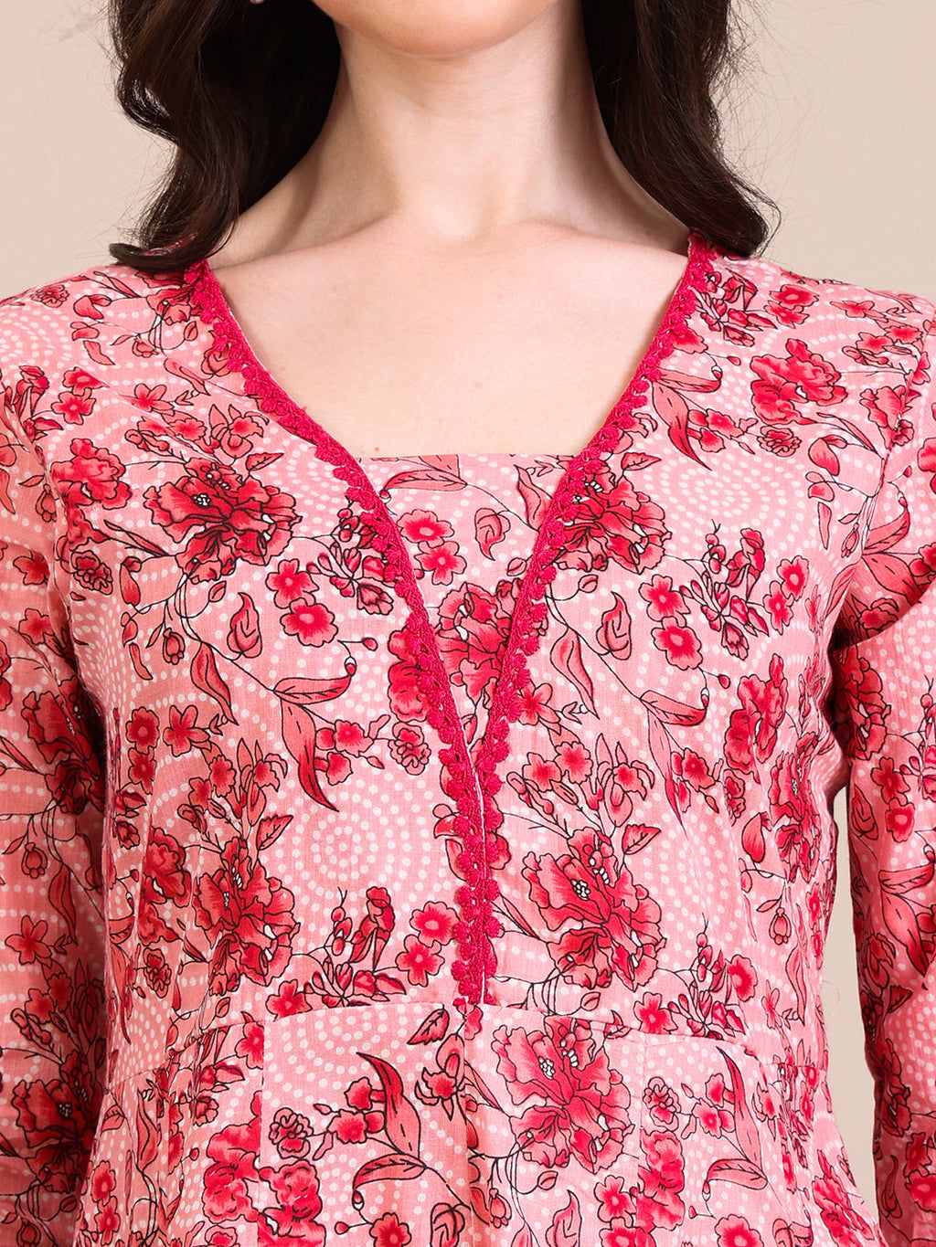 Floral Printed Flared Anarkali Kurta With Pant & Dupatta, Pink - Hiral Fashion - Distacart