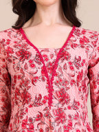 Floral Printed Flared Anarkali Kurta With Pant & Dupatta, Pink - Hiral Fashion - Distacart
