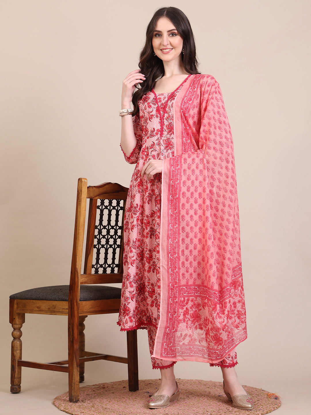 Floral Printed Flared Anarkali Kurta With Pant & Dupatta, Pink - Hiral Fashion - Distacart