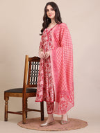 Floral Printed Flared Anarkali Kurta With Pant & Dupatta, Pink - Hiral Fashion - Distacart