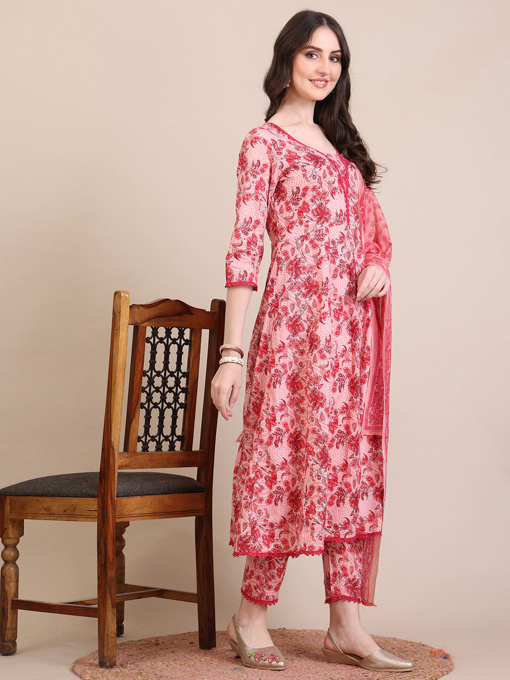 Floral Printed Flared Anarkali Kurta With Pant & Dupatta, Pink - Hiral Fashion - Distacart
