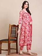 Floral Printed Flared Anarkali Kurta With Pant & Dupatta, Pink - Hiral Fashion - Distacart