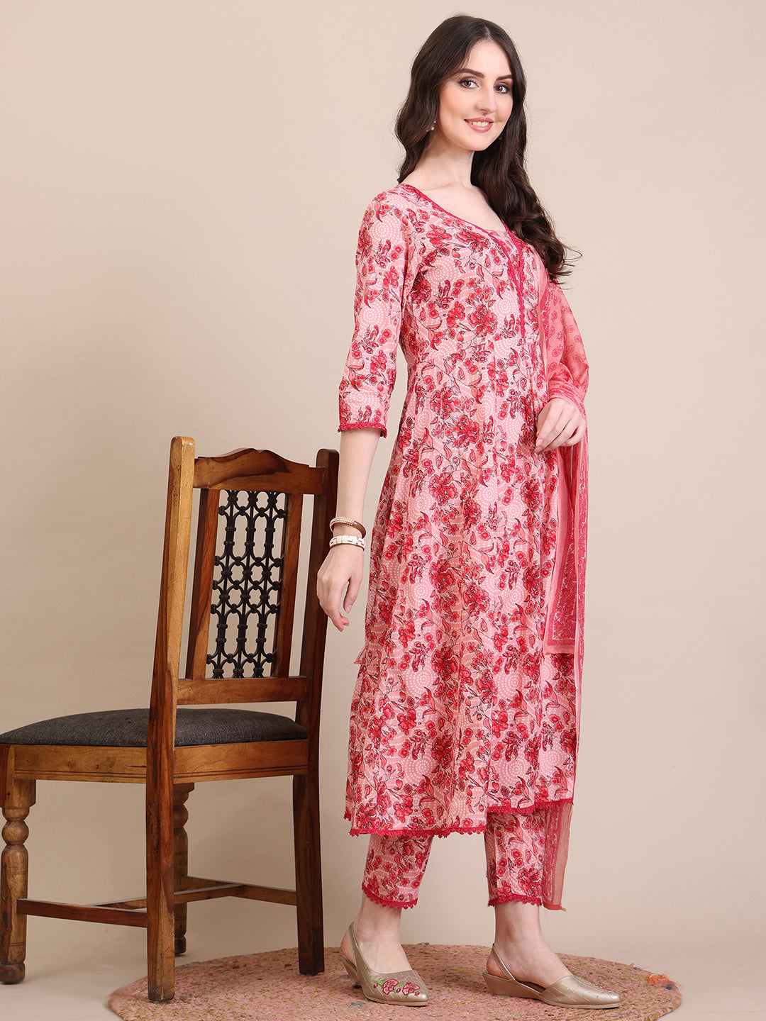 Floral Printed Flared Anarkali Kurta With Pant & Dupatta, Pink - Hiral Fashion - Distacart