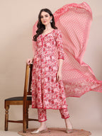 Floral Printed Flared Anarkali Kurta With Pant & Dupatta, Pink - Hiral Fashion - Distacart