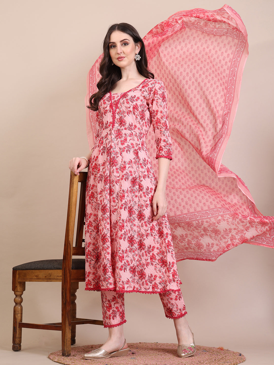 Floral Printed Flared Anarkali Kurta With Pant & Dupatta, Pink - Hiral Fashion - Distacart