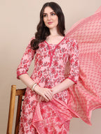Floral Printed Flared Anarkali Kurta With Pant & Dupatta, Pink - Hiral Fashion - Distacart