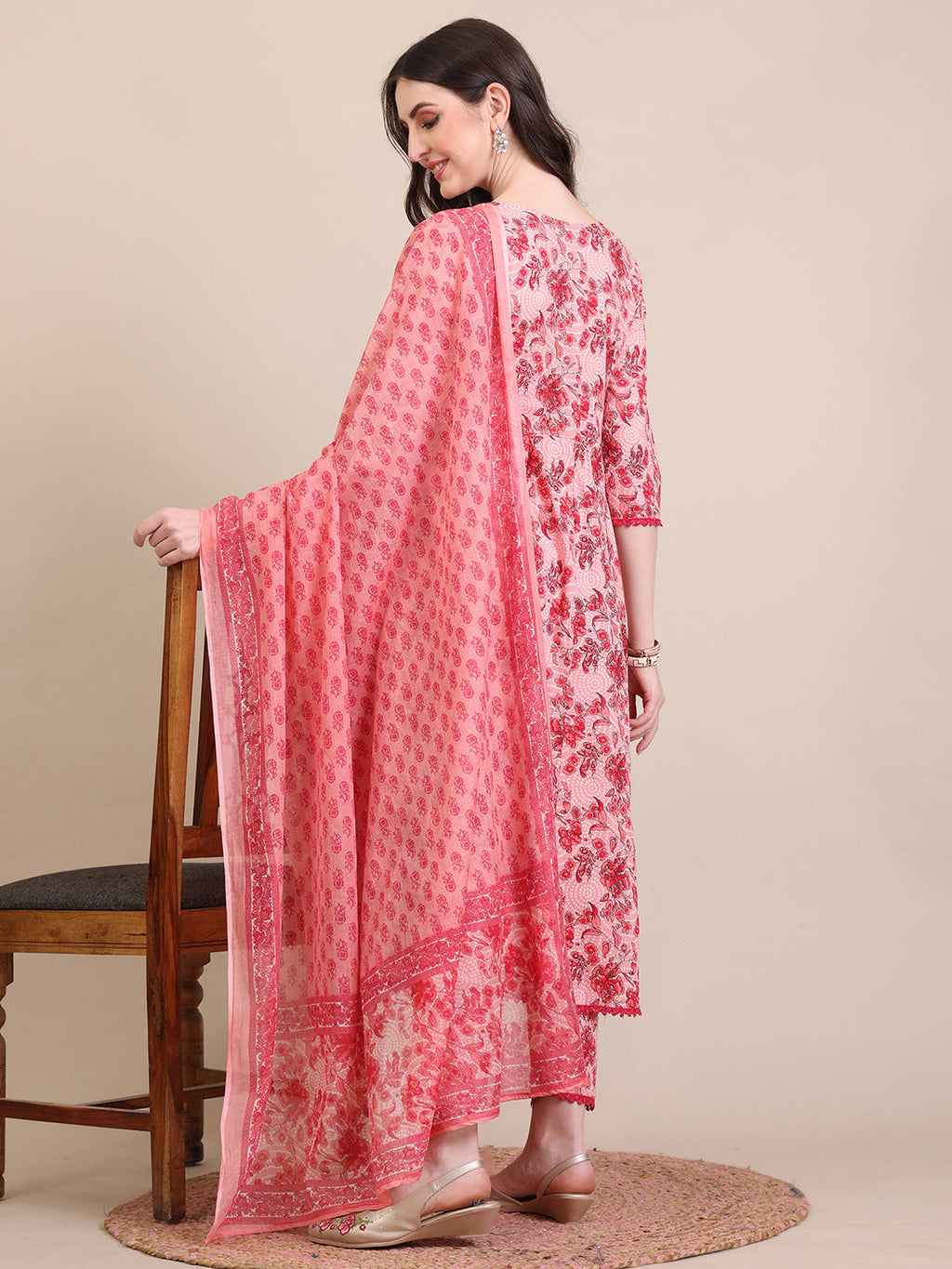 Floral Printed Flared Anarkali Kurta With Pant & Dupatta, Pink - Hiral Fashion - Distacart