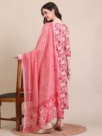 Floral Printed Flared Anarkali Kurta With Pant & Dupatta, Pink - Hiral Fashion - Distacart
