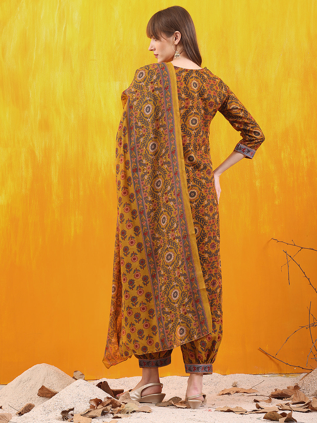 Printed Kurta With Afghani Pant & Dupatta, Mustard - Hiral Fashion - Distacart