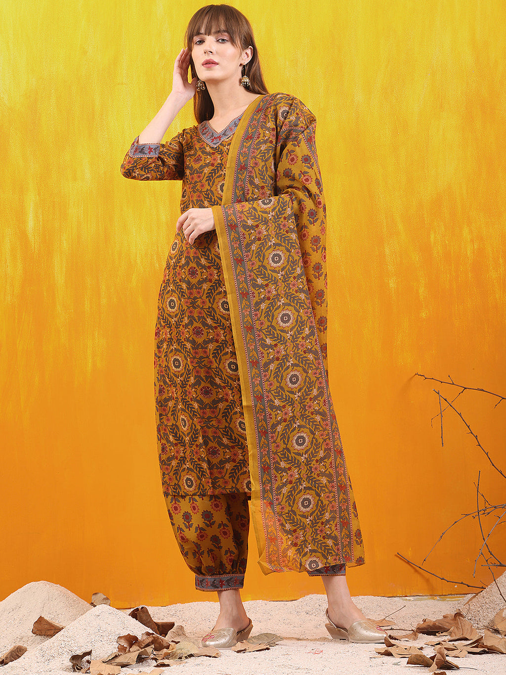Printed Kurta With Afghani Pant & Dupatta, Mustard - Hiral Fashion - Distacart