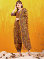Printed Kurta With Afghani Pant & Dupatta, Mustard - Hiral Fashion - Distacart