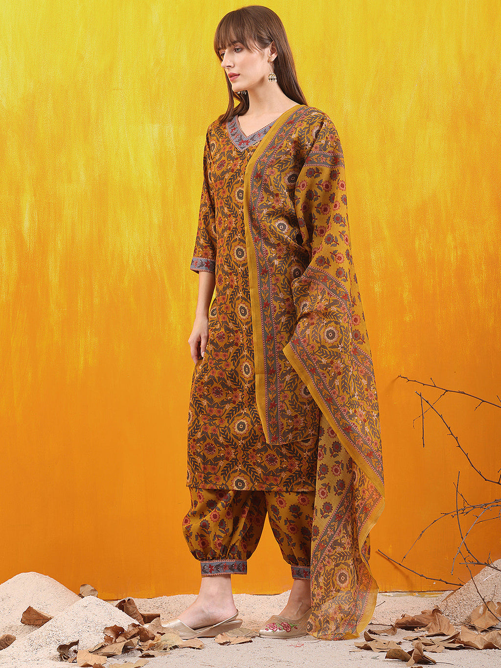 Printed Kurta With Afghani Pant & Dupatta, Mustard - Hiral Fashion - Distacart