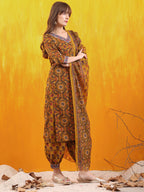Printed Kurta With Afghani Pant & Dupatta, Mustard - Hiral Fashion - Distacart